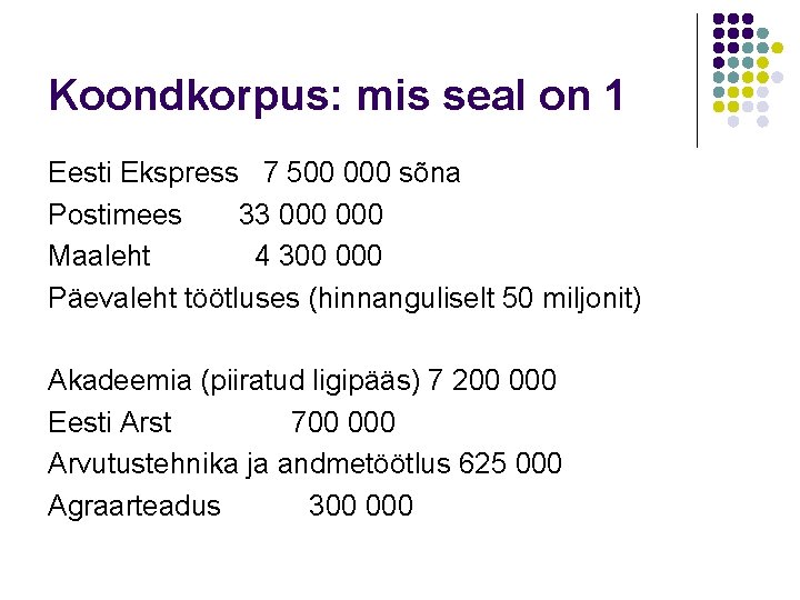 Koondkorpus: mis seal on 1 Eesti Ekspress 7 500 000 sõna Postimees 33 000