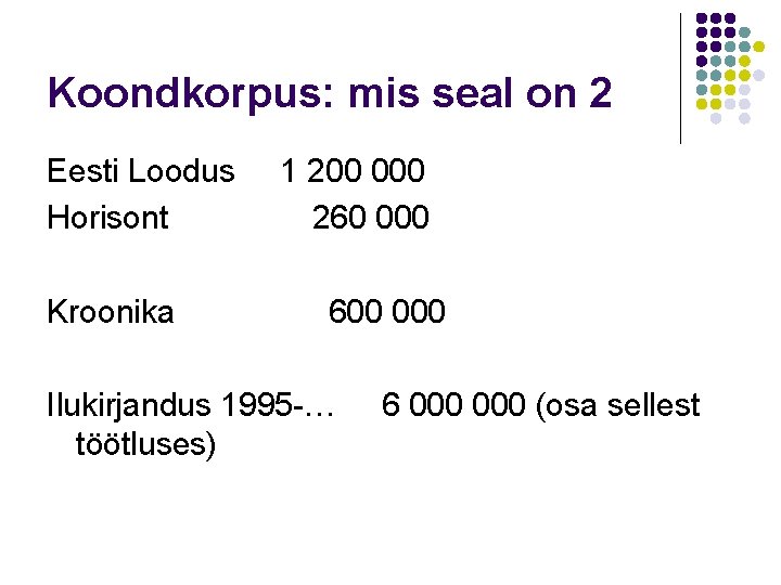 Koondkorpus: mis seal on 2 Eesti Loodus Horisont Kroonika 1 200 000 260 000