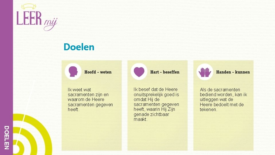 Doelen Ik weet wat sacramenten zijn en waarom de Heere sacramenten gegeven heeft. Ik