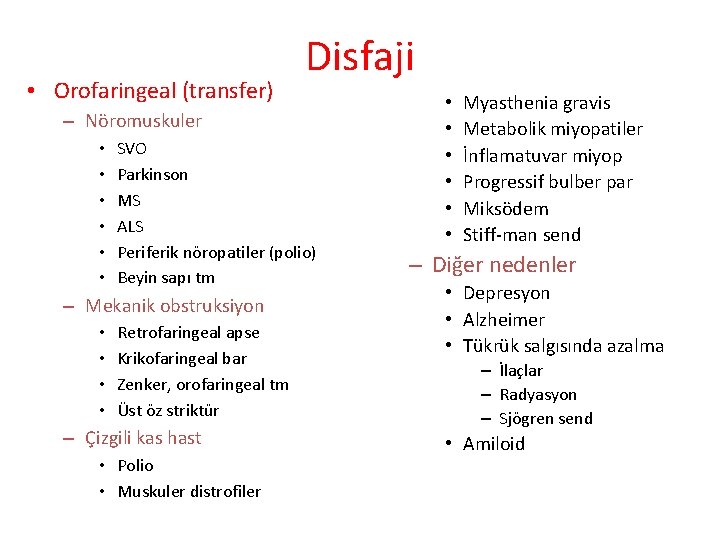  • Orofaringeal (transfer) Disfaji – Nöromuskuler • • • SVO Parkinson MS ALS