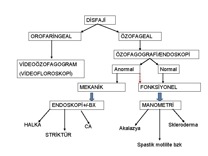 DİSFAJİ OROFARİNGEAL ÖZOFAGOGRAFİ/ENDOSKOPİ VİDEOÖZOFAGOGRAM Anormal (VİDEOFLOROSKOPİ) Normal MEKANİK FONKSİYONEL ENDOSKOPİ+/-BX HALKA CA MANOMETRİ Akalazya