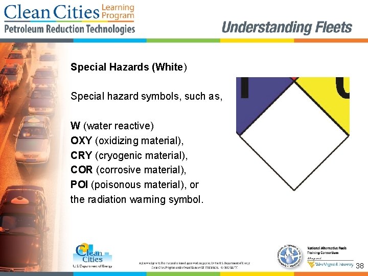Special Hazards (White) Special hazard symbols, such as, W (water reactive) OXY (oxidizing material),