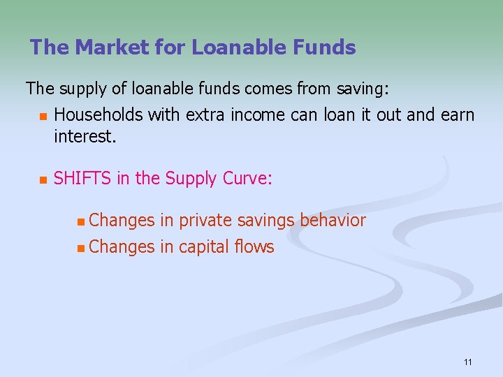 The Market for Loanable Funds The supply of loanable funds comes from saving: n