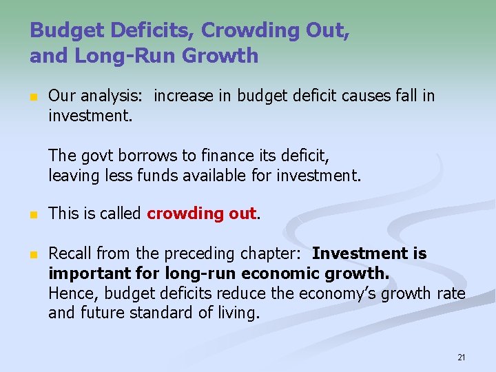 Budget Deficits, Crowding Out, and Long-Run Growth n Our analysis: increase in budget deficit