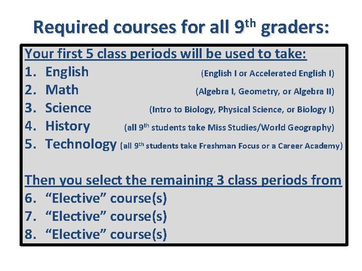 Required courses for all 9 th graders: Your first 5 class periods will be