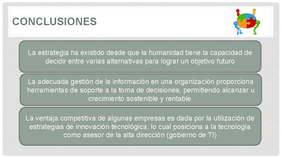 CONCLUSIONES La estrategia ha existido desde que la humanidad tiene la capacidad de decidir