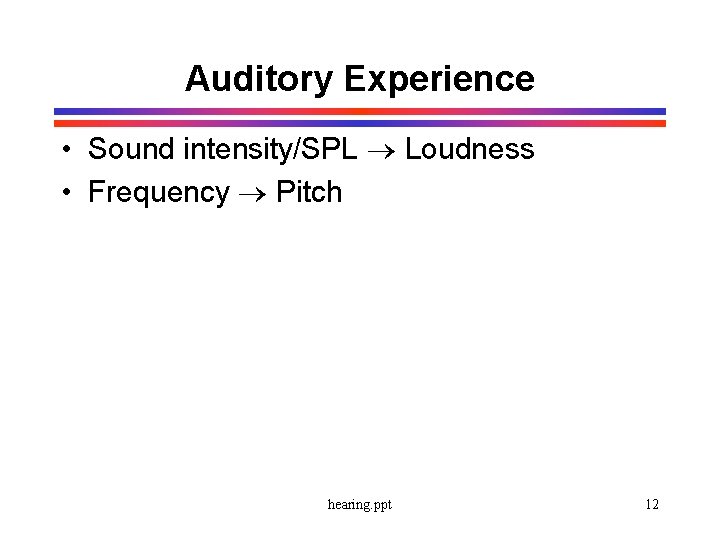 Auditory Experience • Sound intensity/SPL Loudness • Frequency Pitch hearing. ppt 12 