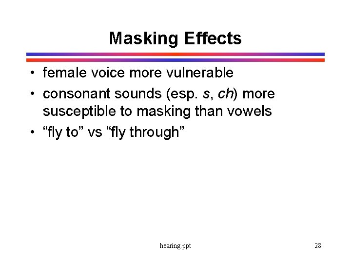 Masking Effects • female voice more vulnerable • consonant sounds (esp. s, ch) more