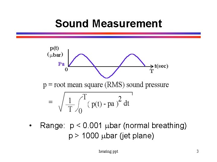 Sound Measurement • Range: p < 0. 001 mbar (normal breathing) p > 1000