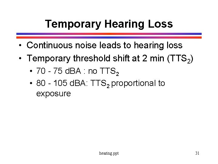 Temporary Hearing Loss • Continuous noise leads to hearing loss • Temporary threshold shift