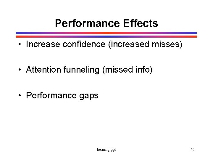 Performance Effects • Increase confidence (increased misses) • Attention funneling (missed info) • Performance