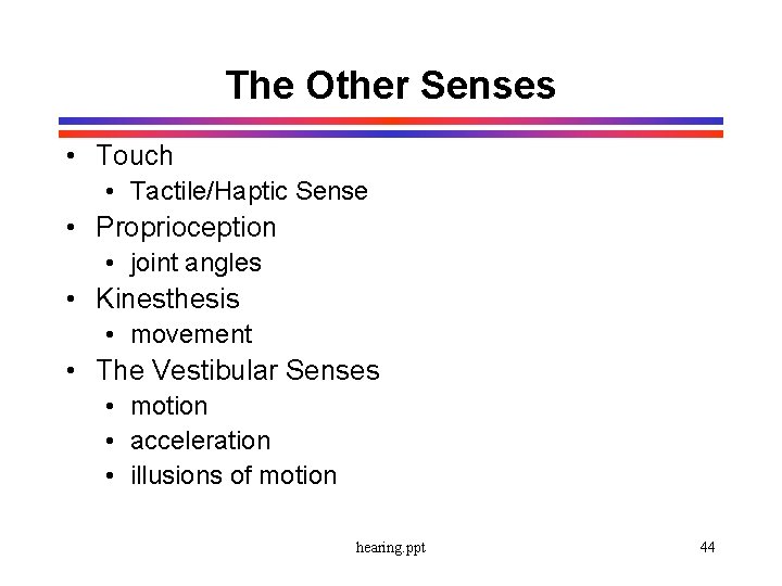 The Other Senses • Touch • Tactile/Haptic Sense • Proprioception • joint angles •