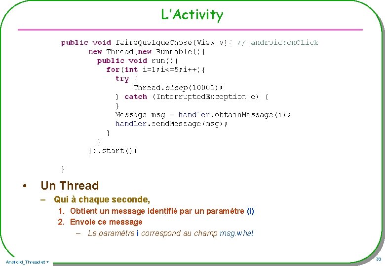 L’Activity • Un Thread – Qui à chaque seconde, 1. Obtient un message identifié L’Activity • Un Thread – Qui à chaque seconde, 1. Obtient un message identifié