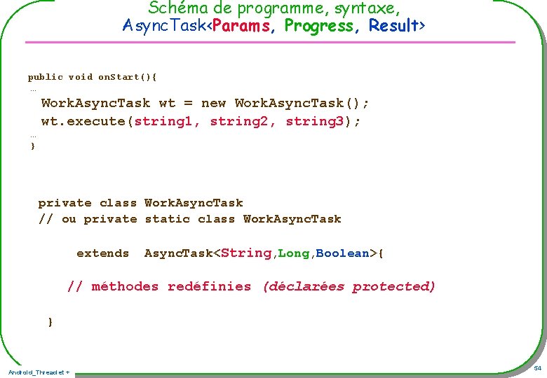 Schéma de programme, syntaxe, Async. Task<Params, Progress, Result> public void on. Start(){ … Work. Schéma de programme, syntaxe, Async. Task<Params, Progress, Result> public void on. Start(){ … Work.