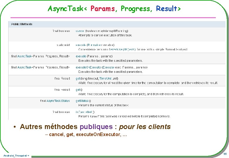 Async. Task< Params, Progress, Result> • Autres méthodes publiques : pour les clients – Async. Task< Params, Progress, Result> • Autres méthodes publiques : pour les clients –