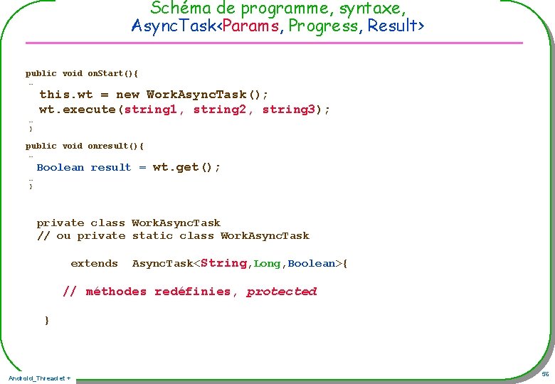 Schéma de programme, syntaxe, Async. Task<Params, Progress, Result> public void on. Start(){ … … Schéma de programme, syntaxe, Async. Task<Params, Progress, Result> public void on. Start(){ … …