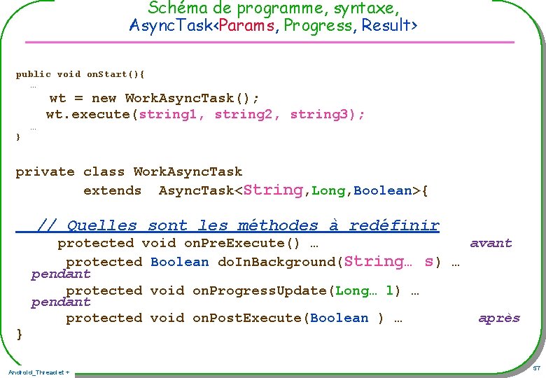 Schéma de programme, syntaxe, Async. Task<Params, Progress, Result> public void on. Start(){ … … Schéma de programme, syntaxe, Async. Task<Params, Progress, Result> public void on. Start(){ … …