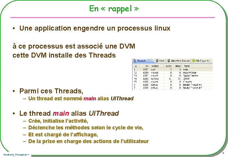 En « rappel » • Une application engendre un processus linux à ce processus En « rappel » • Une application engendre un processus linux à ce processus