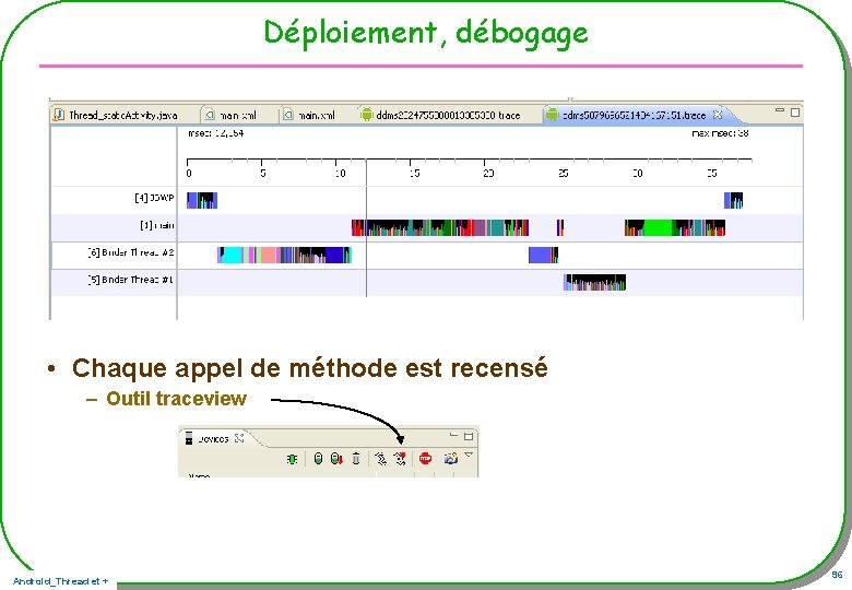 Déploiement, débogage • Chaque appel de méthode est recensé – Outil traceview Android_Thread et Déploiement, débogage • Chaque appel de méthode est recensé – Outil traceview Android_Thread et