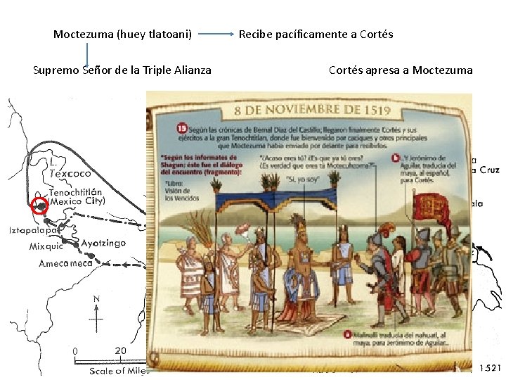 Moctezuma (huey tlatoani) Supremo Señor de la Triple Alianza Recibe pacíficamente a Cortés apresa Moctezuma (huey tlatoani) Supremo Señor de la Triple Alianza Recibe pacíficamente a Cortés apresa