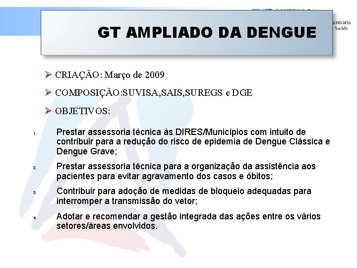 GT AMPLIADO DA DENGUE CRIAÇÃO: Março de 2009 COMPOSIÇÃO: SUVISA, SAIS, SUREGS e DGE