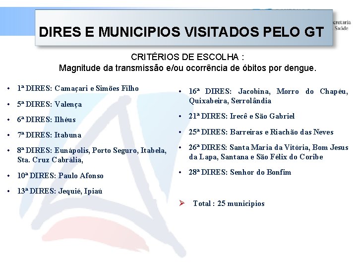 DIRES E MUNICIPIOS VISITADOS PELO GT CRITÉRIOS DE ESCOLHA : Magnitude da transmissão e/ou