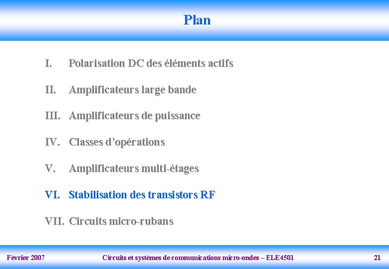 Plan I. Polarisation DC des éléments actifs II. Amplificateurs large bande III. Amplificateurs de
