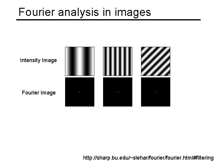 Fourier analysis in images Intensity Image Fourier Image http: //sharp. bu. edu/~slehar/fourier. html#filtering 