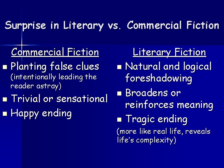 Surprise in Literary vs. Commercial Fiction n Planting false clues Literary Fiction n Natural