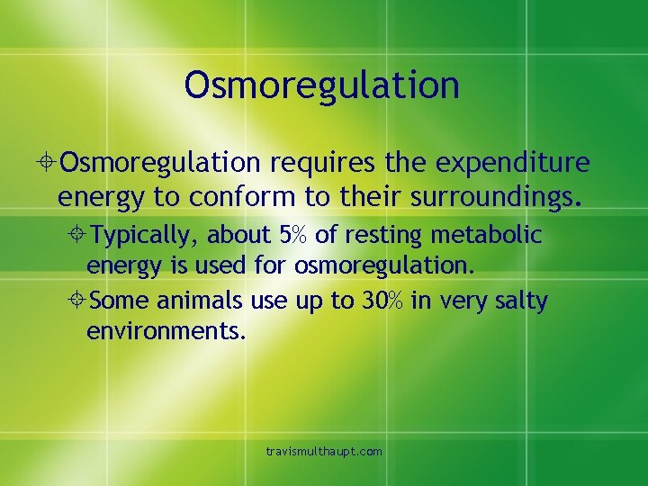 Osmoregulation ±Osmoregulation requires the expenditure energy to conform to their surroundings. ±Typically, about 5%
