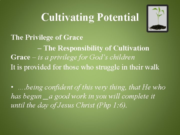 Cultivating Potential The Privilege of Grace – The Responsibility of Cultivation Grace – is