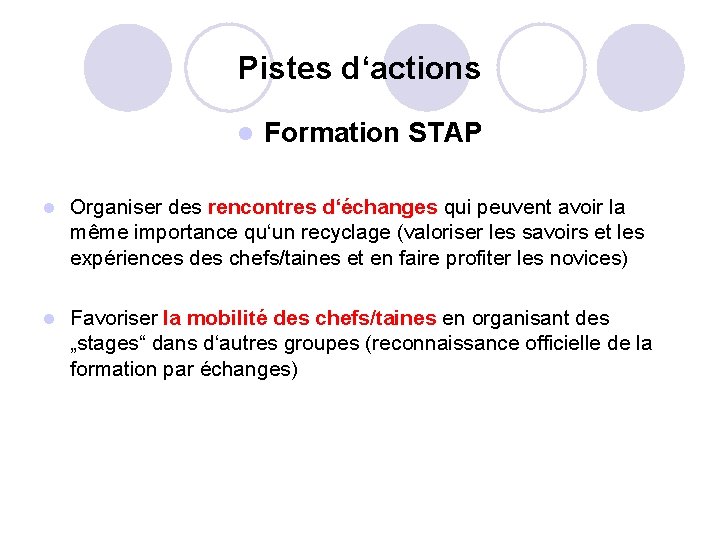 Pistes d‘actions l Formation STAP l Organiser des rencontres d‘échanges qui peuvent avoir la