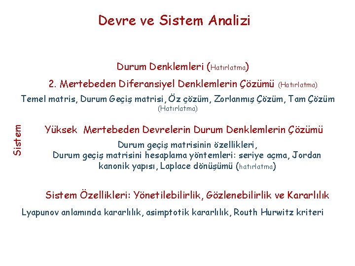 Devre ve Sistem Analizi Durum Denklemleri (Hatırlatma) 2. Mertebeden Diferansiyel Denklemlerin Çözümü (Hatırlatma) Temel