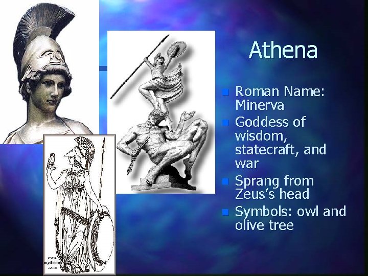 Athena n n Roman Name: Minerva Goddess of wisdom, statecraft, and war Sprang from