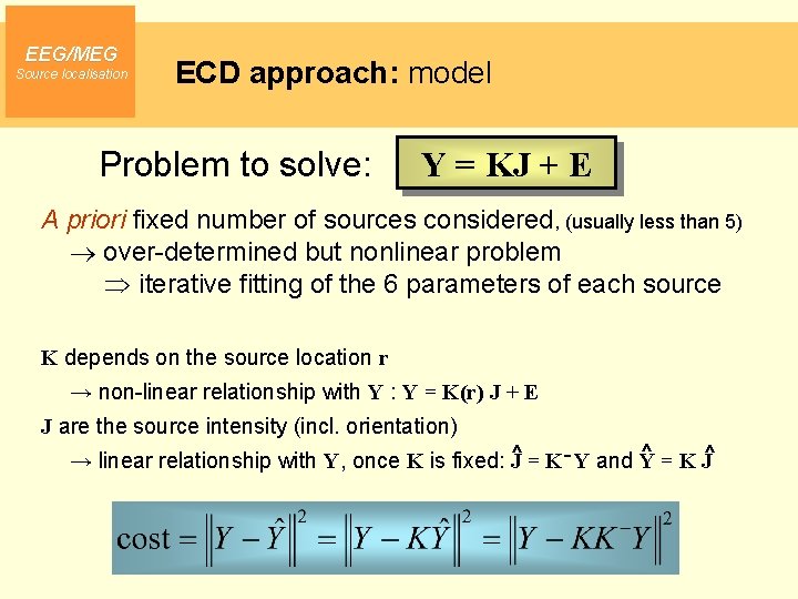 EEG/MEG Source localisation ECD approach: model Problem to solve: Y = KJ + E