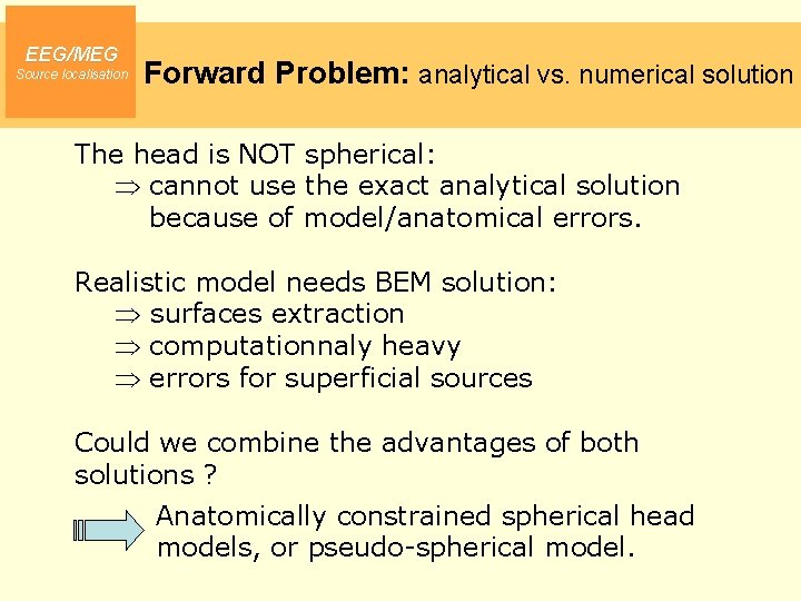 EEG/MEG Source localisation Forward Problem: analytical vs. numerical solution The head is NOT spherical: