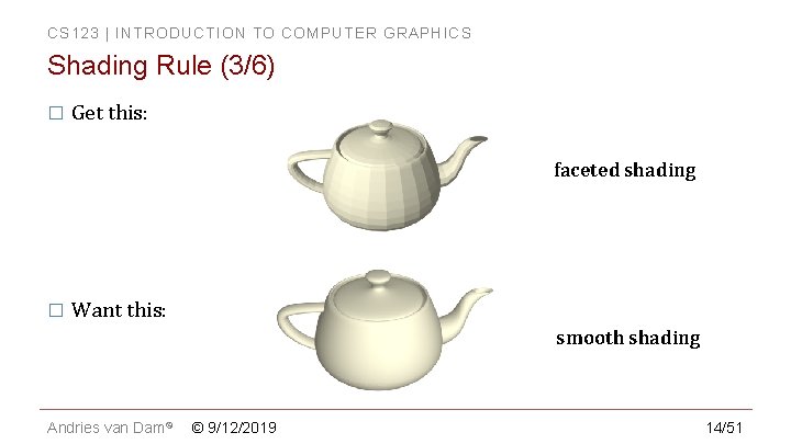 CS 123 | INTRODUCTION TO COMPUTER GRAPHICS Shading Rule (3/6) � Get this: faceted CS 123 | INTRODUCTION TO COMPUTER GRAPHICS Shading Rule (3/6) � Get this: faceted