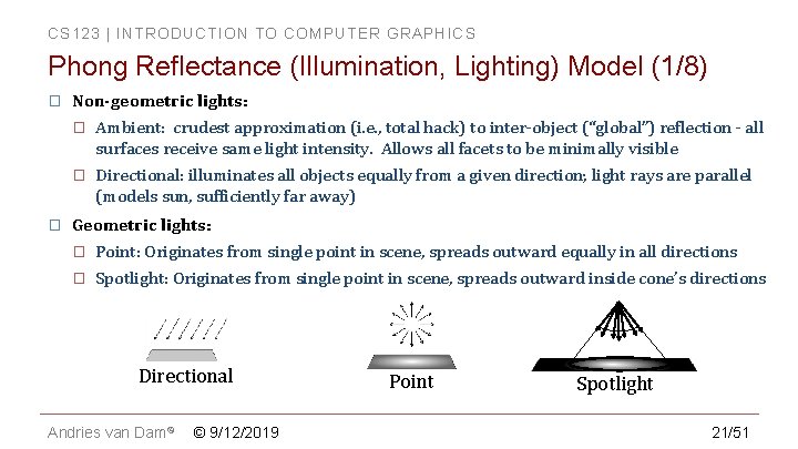 CS 123 | INTRODUCTION TO COMPUTER GRAPHICS Phong Reflectance (Illumination, Lighting) Model (1/8) � CS 123 | INTRODUCTION TO COMPUTER GRAPHICS Phong Reflectance (Illumination, Lighting) Model (1/8) �
