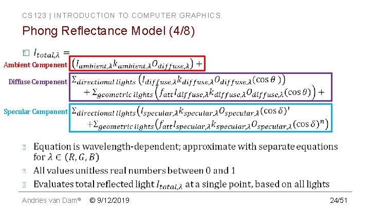 CS 123 | INTRODUCTION TO COMPUTER GRAPHICS Phong Reflectance Model (4/8) � Ambient Component CS 123 | INTRODUCTION TO COMPUTER GRAPHICS Phong Reflectance Model (4/8) � Ambient Component