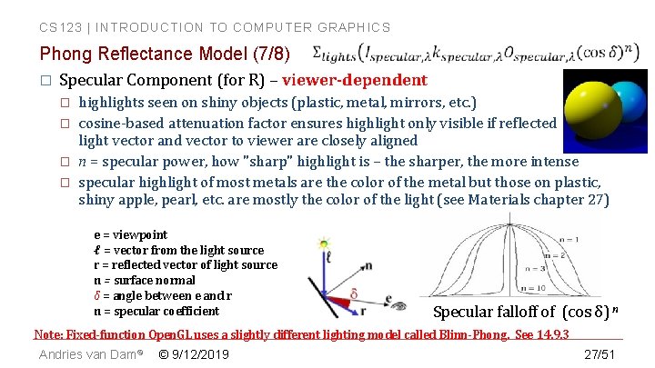 CS 123 | INTRODUCTION TO COMPUTER GRAPHICS Phong Reflectance Model (7/8) � Specular Component CS 123 | INTRODUCTION TO COMPUTER GRAPHICS Phong Reflectance Model (7/8) � Specular Component