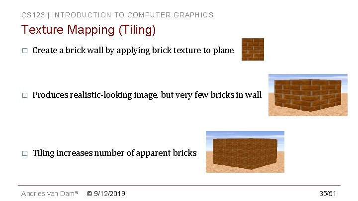 CS 123 | INTRODUCTION TO COMPUTER GRAPHICS Texture Mapping (Tiling) � Create a brick CS 123 | INTRODUCTION TO COMPUTER GRAPHICS Texture Mapping (Tiling) � Create a brick