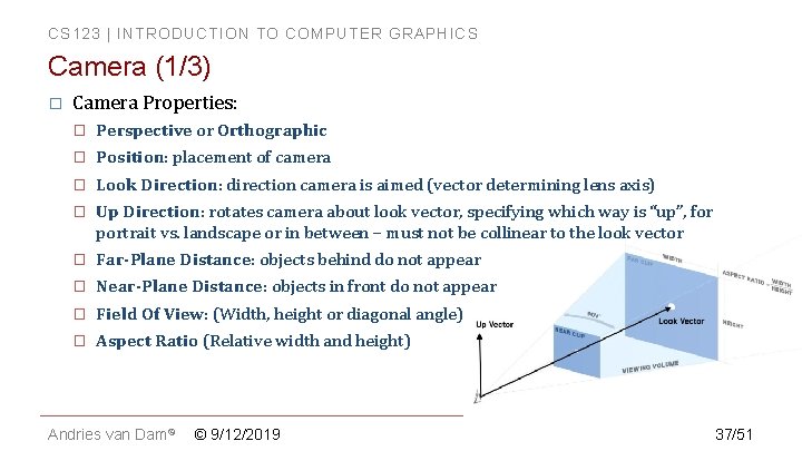 CS 123 | INTRODUCTION TO COMPUTER GRAPHICS Camera (1/3) � Camera Properties: � Perspective CS 123 | INTRODUCTION TO COMPUTER GRAPHICS Camera (1/3) � Camera Properties: � Perspective