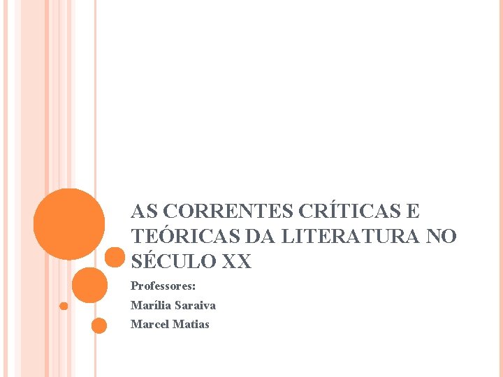 AS CORRENTES CRÍTICAS E TEÓRICAS DA LITERATURA NO SÉCULO XX Professores: Marília Saraiva Marcel
