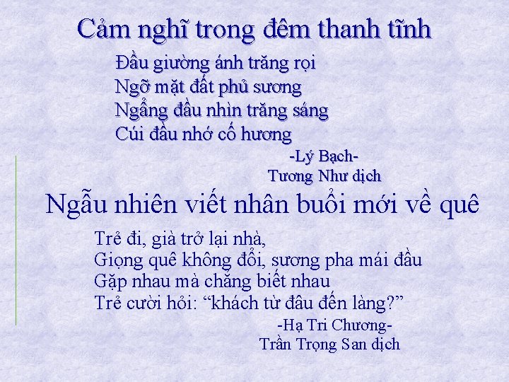 Cảm nghĩ trong đêm thanh tĩnh Đầu giường ánh trăng rọi Ngỡ mặt đất