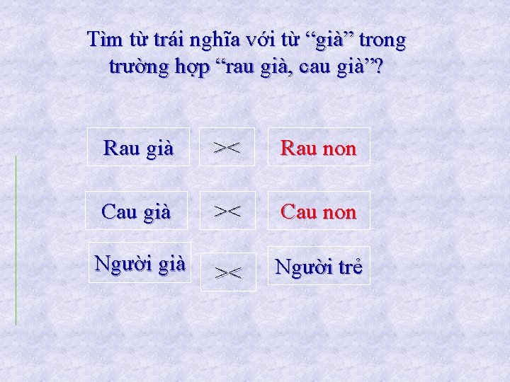 Tìm từ trái nghĩa với từ “già” trong trường hợp “rau già, cau già”?