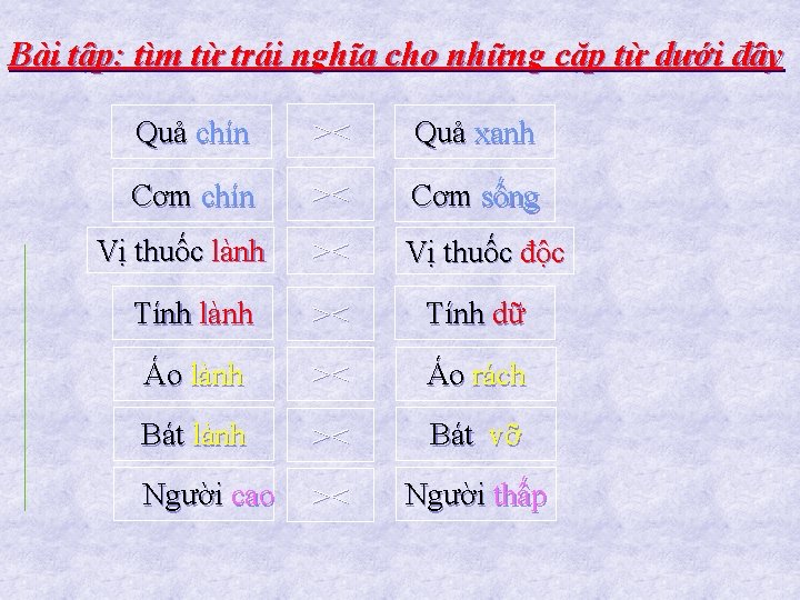 Bài tập: tìm từ trái nghĩa cho những cặp từ dưới đây Quả chín