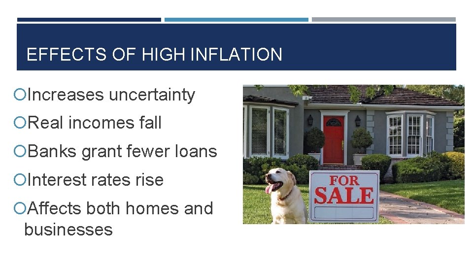 EFFECTS OF HIGH INFLATION Increases uncertainty Real incomes fall Banks grant fewer loans Interest