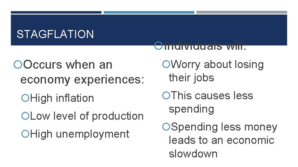 STAGFLATION Occurs when an economy experiences: High inflation Low level of production High unemployment