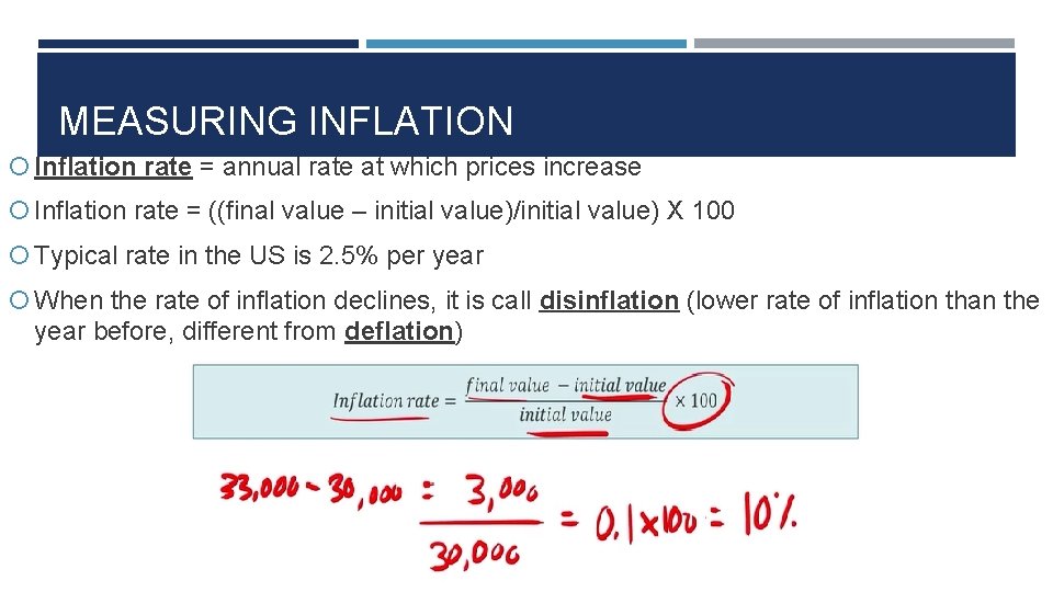 MEASURING INFLATION Inflation rate = annual rate at which prices increase Inflation rate =