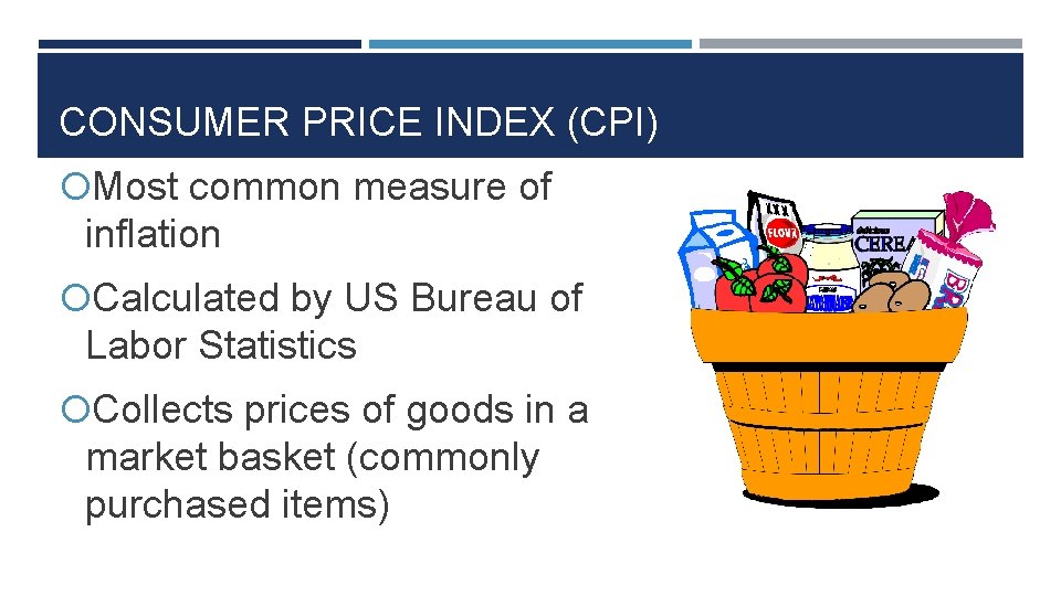 CONSUMER PRICE INDEX (CPI) Most common measure of inflation Calculated by US Bureau of